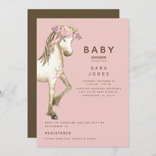かわいいピンクとブラウンの水彩ポニー ベビーシャワー   招待状 (正面/裏面)