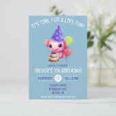かわいいピンクとブルーのウーパールーパー誕生日パーティー 招待状 (スタンド正面)