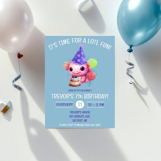 かわいいピンクとブルーのウーパールーパー誕生日パーティー 招待状