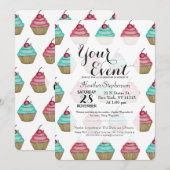 かわいいピンクとブルーのカップケーキにチェリーがのってる 招待状 (正面/裏面)