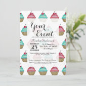 かわいいピンクとブルーのカップケーキにチェリーがのってる 招待状 (スタンド正面)