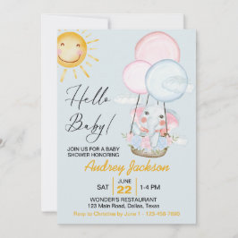 かわいいピンクとブルーのベビーゾウのシャワー 招待状