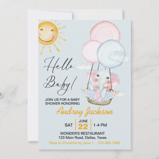 かわいいピンクとブルーのベビーゾウのシャワー 招待状 (正面)