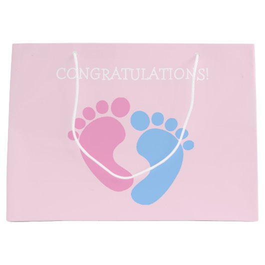 かわいいピンクとブルーのベビー足おめでとう ラージペーパーバッグ (正面)