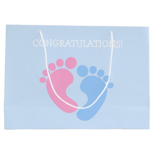 かわいいピンクとブルーのベビー足おめでとう ラージペーパーバッグ (裏面)