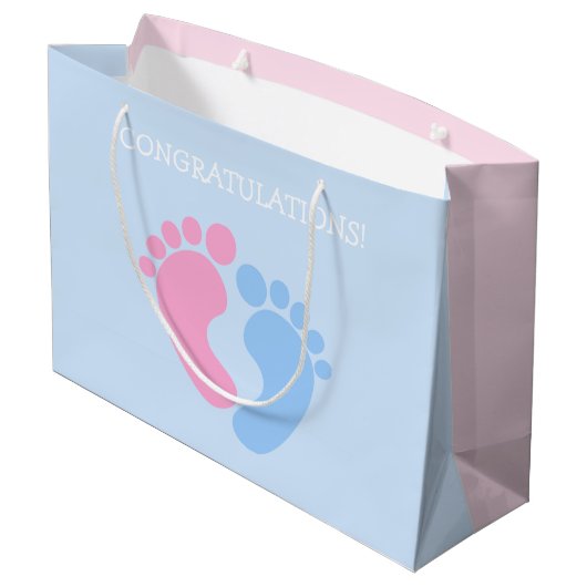 かわいいピンクとブルーのベビー足おめでとう ラージペーパーバッグ (裏面アングル)