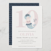 かわいいピンクとブルーの人魚の10歳の誕生日招待状 サンキューカード (正面/裏面)