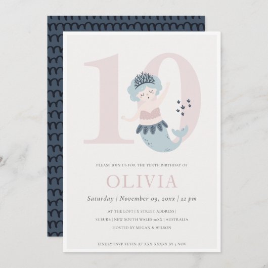 かわいいピンクとブルーの人魚の10歳の誕生日招待状 サンキューカード (正面/裏面)