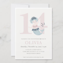 かわいいピンクとブルーの人魚の14歳誕生日招待状