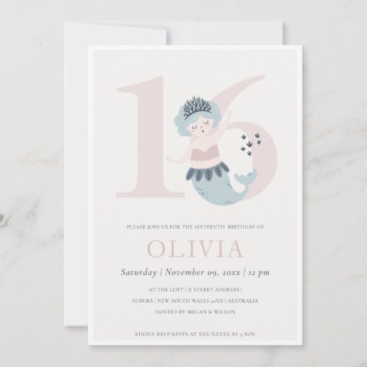 かわいいピンクとブルーの人魚の16歳誕生日招待状 サンキューカード (正面)