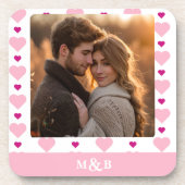 かわいいピンクとホワイトのモノグラム写真 コースター (正面)