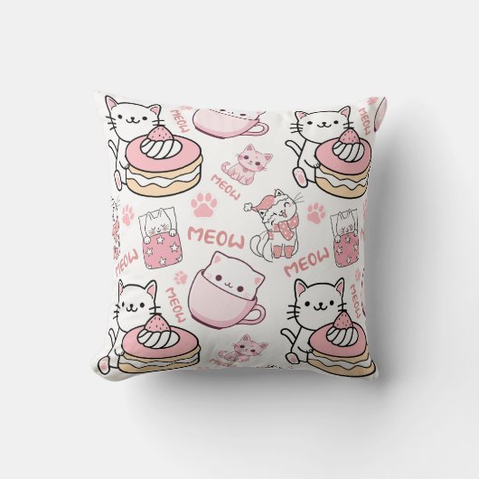 かわいいピンクとホワイトの猫好きのための枕 クッション (正面)
