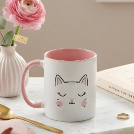 かわいいピンクとホワイトの眠り猫フェイスマグ マグカップ