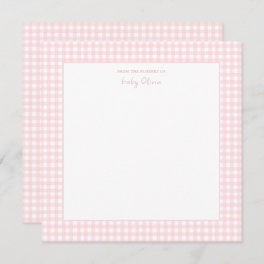 かわいいピンクと白いギンガムスクエアベビーガール サンキューカード (正面/裏面)