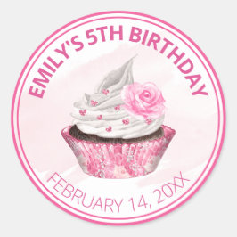 かわいいピンクと白のアイシング誕生日カップケーキ ラウンドシール