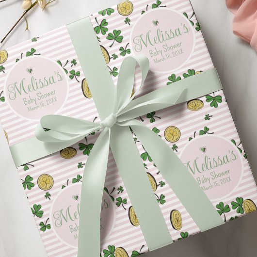 かわいいピンクと白のクローバーアイリッシュベビーシャワー ラッピングペーパーシート