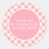 かわいいピンクと白のチェック柄の誕生日お礼メッセージ ラウンドシール (正面)