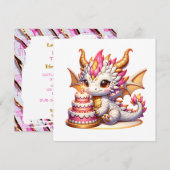 かわいいピンクと白のドラゴン女子の誕生日パーティー 招待状 (正面/裏面)