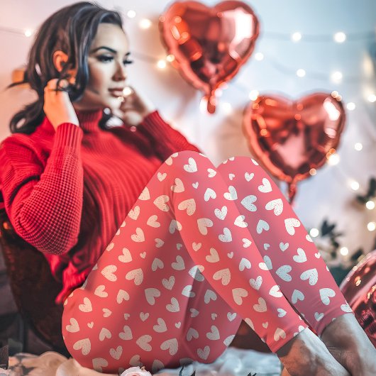 かわいいピンクと白のバレンタインハートパターン レギンス