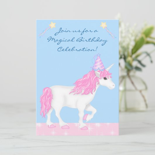 かわいいピンクと白のユニコーンガールズマジカル誕生日 招待状 (スタンド正面)