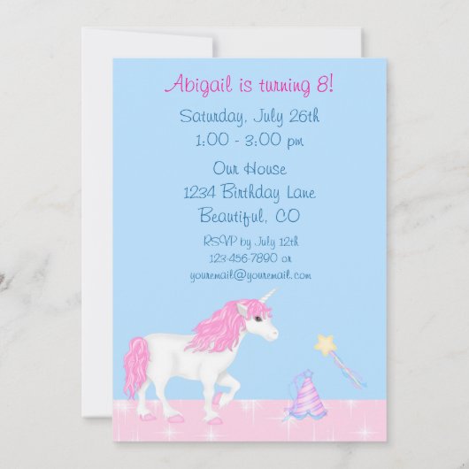 かわいいピンクと白のユニコーンガールズマジカル誕生日 招待状 (裏面)