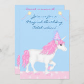 かわいいピンクと白のユニコーンガールズマジカル誕生日 招待状 (正面/裏面)