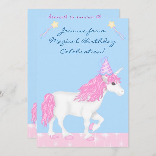 かわいいピンクと白のユニコーンガールズマジカル誕生日 招待状 (正面/裏面)