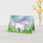 かわいいピンクと白の一角獣(花付き)誕生日 カード (黄色い花)