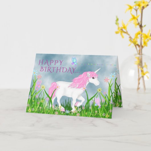 かわいいピンクと白の一角獣(花付き)誕生日 カード (黄色い花)