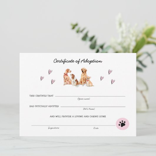 かわいいピンクと白の子犬の養子縁組の証明書 (スタンド正面)