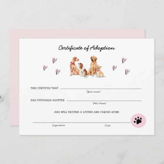 かわいいピンクと白の子犬の養子縁組の証明書 (正面/裏面)