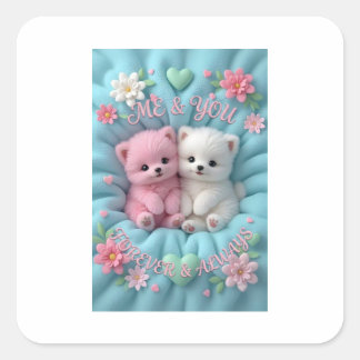 かわいいピンクと白の子猫たち - "私とあなた、ずっと" スクエアシール