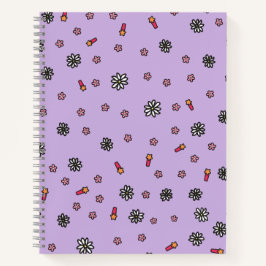 かわいいピンクと白の花と星の紫の模様 ノートブック
