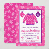 かわいいピンクと紫のクリスマスジャンパー誕生日 招待状 (正面/裏面)