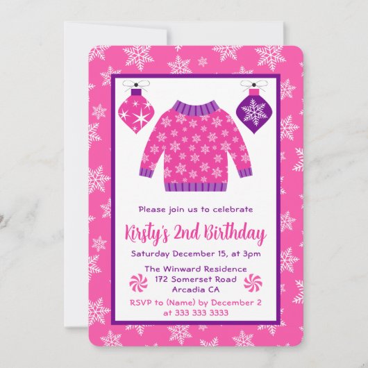 かわいいピンクと紫のクリスマスジャンパー誕生日 招待状 (正面)