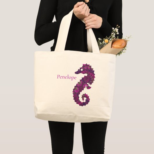 かわいいピンクと紫のフラクタルシーホースの名前 ラージトートバッグ (正面(商品))