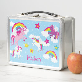かわいいピンクと紫のユニコーンと虹 メタルランチボックス