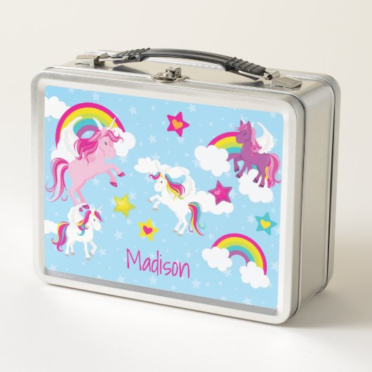 かわいいピンクと紫のユニコーンと虹 メタルランチボックス (正面)
