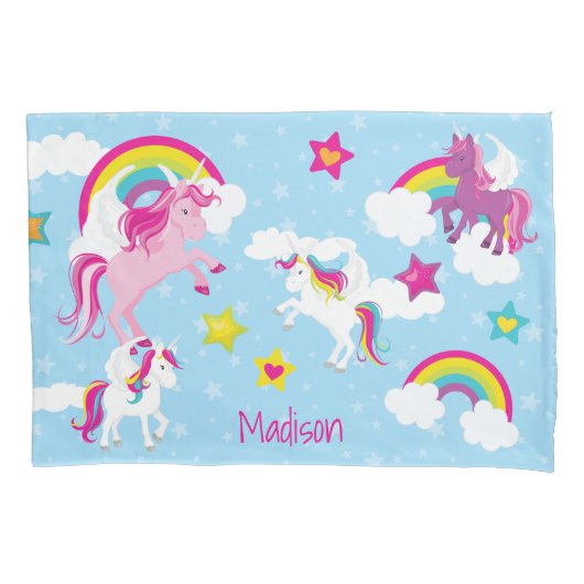 かわいいピンクと紫のユニコーンと虹 枕カバー (正面)