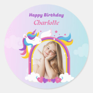 かわいいピンクと紫のユニコーンカスタムの写真誕生日 ラウンドシール