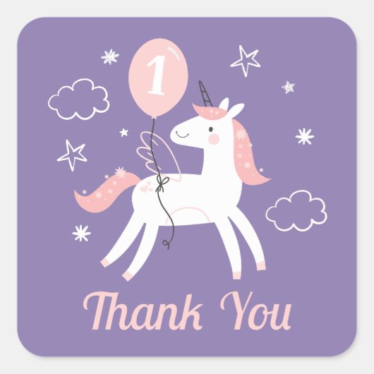 かわいいピンクと紫のユニコーン誕生日ありがとう スクエアシール (正面)