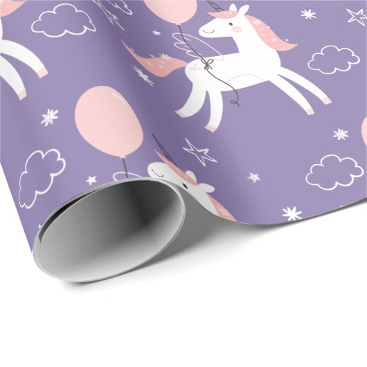 かわいいピンクと紫のユニコーン誕生日 ラッピングペーパー (ロールコーナー)