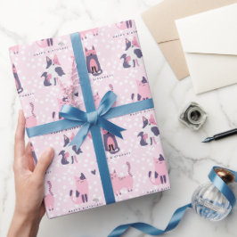 かわいいピンクと紫の猫の子供の誕生日 ラッピングペーパー