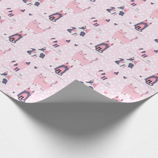 かわいいピンクと紫の猫の子供の誕生日 ラッピングペーパー (角)