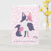 かわいいピンクと紫の猫子供の誕生日 カード (黄色い花)