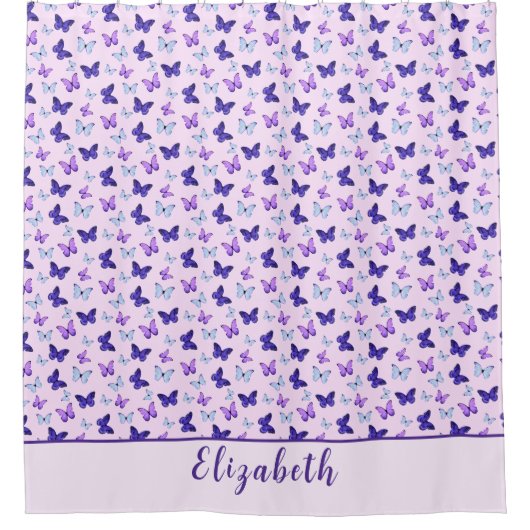 かわいいピンクと紫の蝶の名前カスタム付け シャワーカーテン (正面)