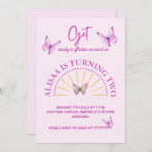 かわいいピンクと紫の蝶の誕生日カード 招待状 (正面/裏面)