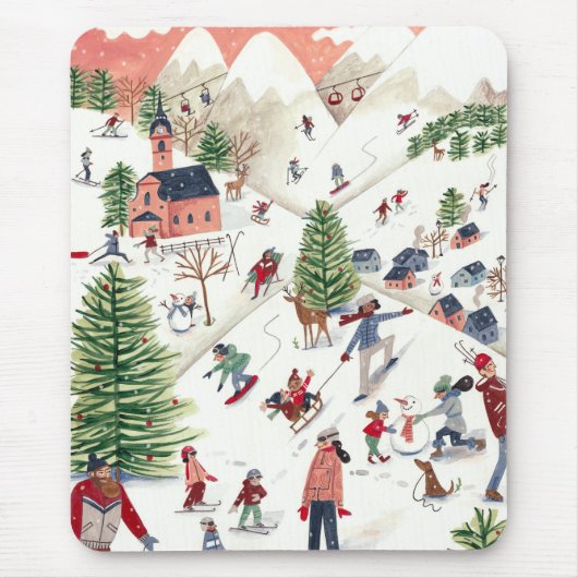 かわいいピンクと緑のアルパインロッジのスキー場 マウスパッド (正面)