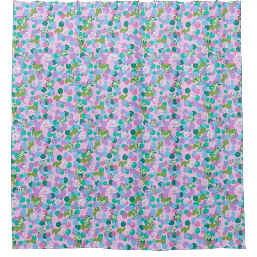 かわいいピンクと緑のカエルとユリガーリーパッド シャワーカーテン (正面)