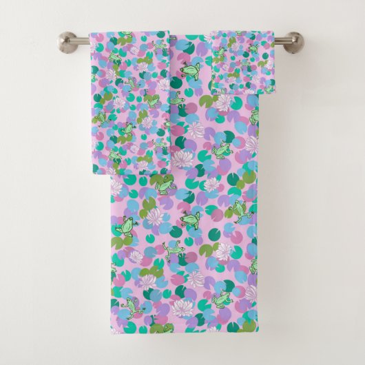 かわいいピンクと緑のカエルとユリガーリーパッド バスタオルセット (インサイチュ)